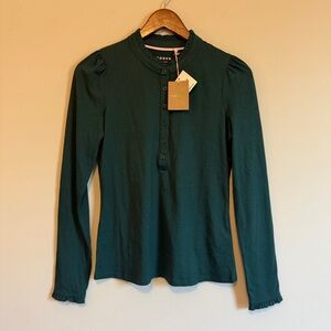 Boden NWT Ruffle Neck Women 0 Button Top Green Tencel Modal Blend Long Sleeve